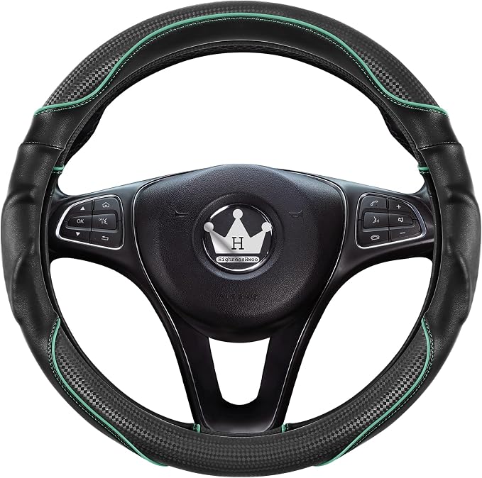 3D Car Steering Wheel Cover Comfort Grip Massage Sporty Anti-Slip Carbon Fiber Faux Leather for F150, Trucks, Jeep, Van, Car Handle Covers for All Seasons, 15.2-16in, Green