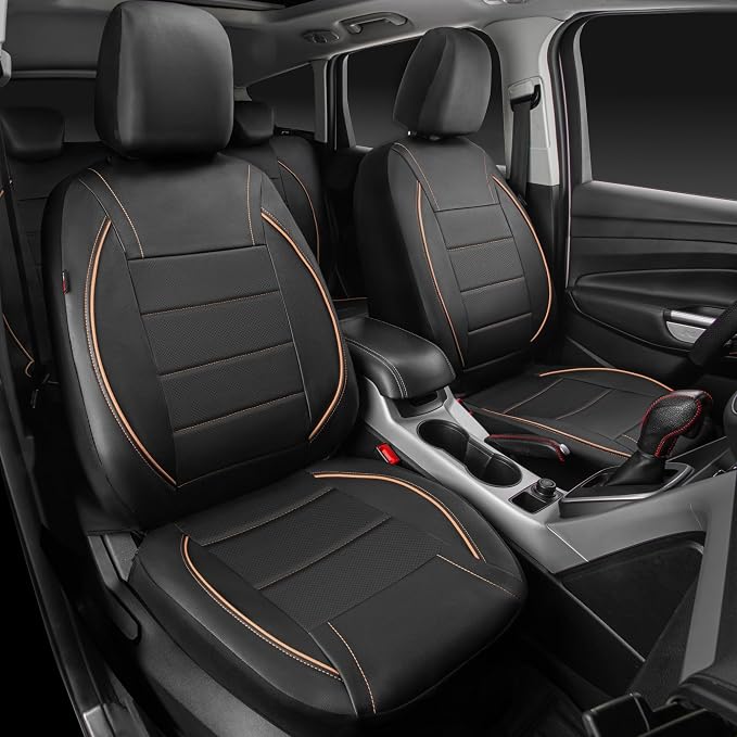 Universal FIT Piping Leather Car Seat Cover, for suvs,Van,Trucks,Airbag Compatible,Inside Zipper Design and Reserved Opening Holes (Full Set, Black and Beige)