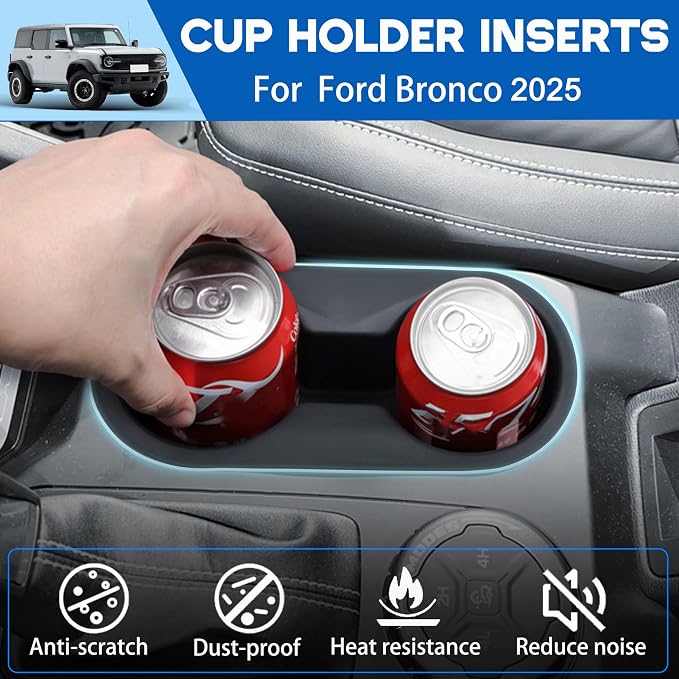 Center Console Cup Holder Inserts for 2025 Ford Bronco Accessories Middle Console Silicone Drink Stopper Non-Slip Waterproof Armrest Front Cup Holder Organizer Interior Decoration Black