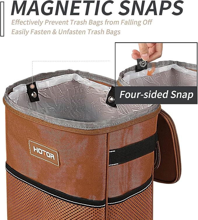 Brown Car Trash Can with Adjustable Strap, Magnetic Snaps, Waterproof Lining, and Storage Pocket