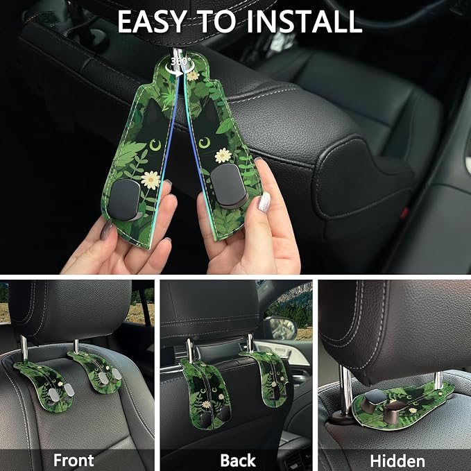 2PCS Car Seat Back Storage Headrest Hooks, Black Cat Floral Purse Holder Bags Hanger, PU Leather Double Metal Hook for Backseat Organizer, Women Car Accessories Organization