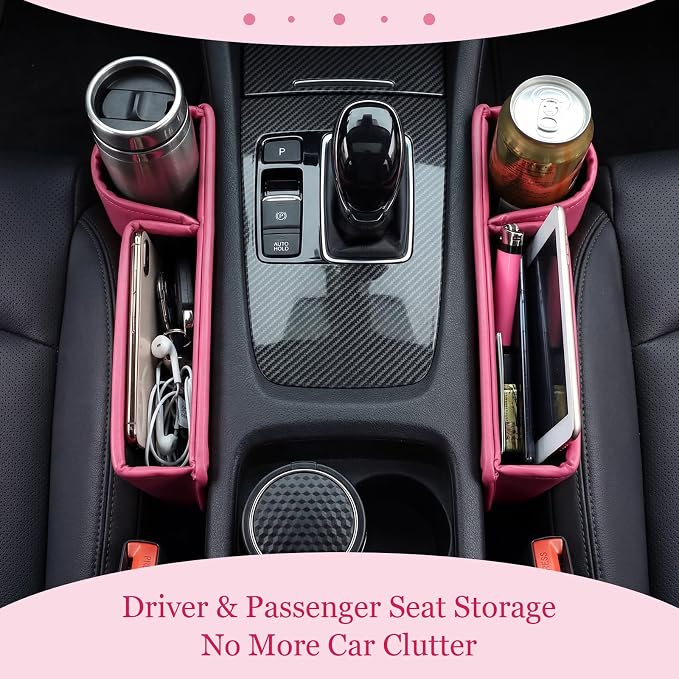 2 Pack Pink Car Seat Gap Filler Organizer with Cup Holder and Storage Leather Car Organizer for Keys Cards Phone Sunglasses and Small Items