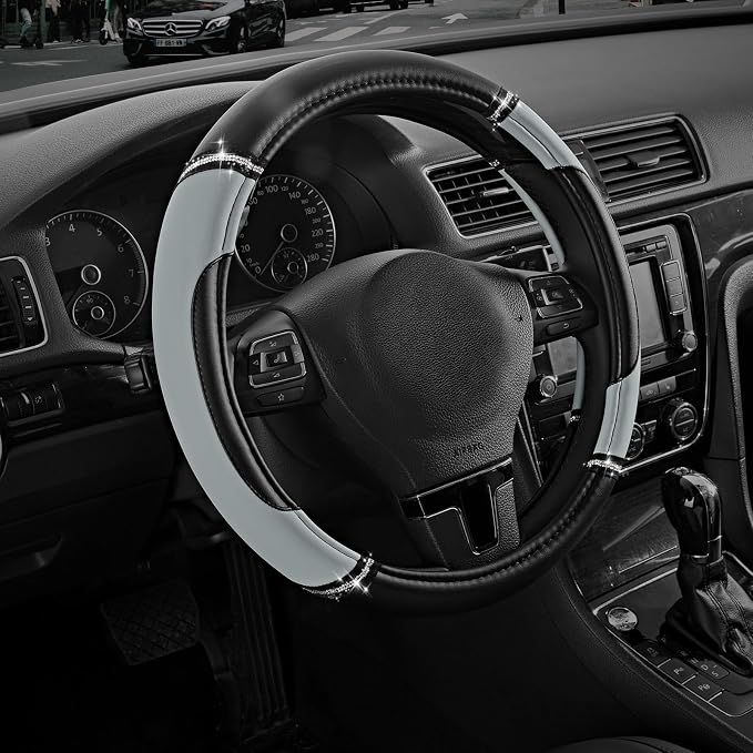 Leather Steering Wheel Cover - Made with PVC Leather - Anti-Slip, Universal Fit 14 1/2 inches to 15 inches - Gray