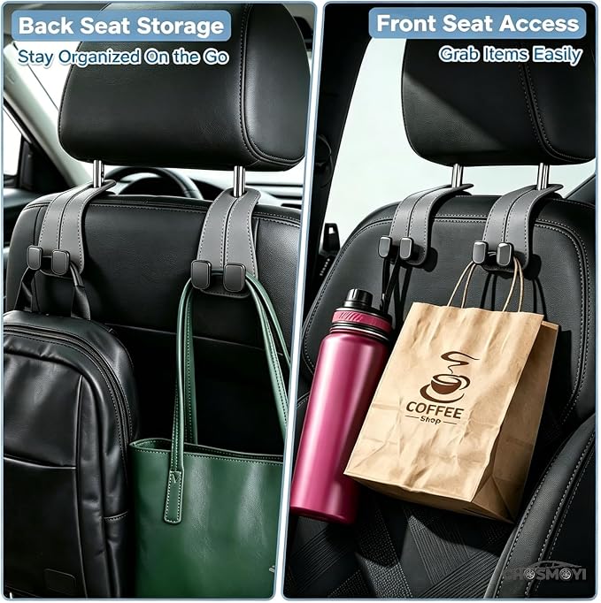 CHOSMOYI Leather Car Purse Hook for Headrest, 2 Pack Seat Back Organizer for Handbags, Groceries & Essentials, Heavy Duty Car Accessories (Grey)