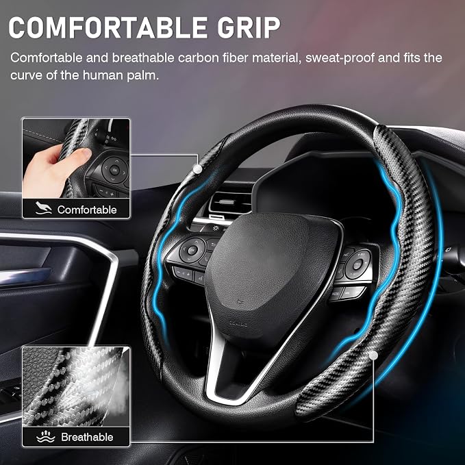 Carbon Fiber Steering Wheel Cover - Anti-Slip, Steering Wheel Cover for Men/Women - Durable, Universal Car Accessory (Black)