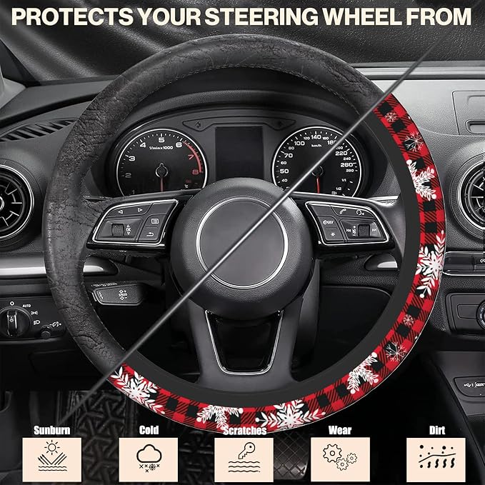 Christmas Snowflakes Steering Wheel Cover,Buffalo Plaid Elastic Non-Slip Steering Wheel Protector,Auto Interior Decor for Women Girls,Universal 15" Fit for Sedans,Trucks
