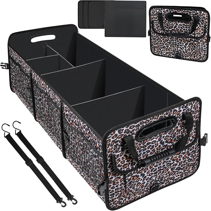 Leopard Print Trunk Organizer - 95L Large Capacity, Non-Slip Bottom, Waterproof, Portable Car Storage for SUV, Truck, Sedan