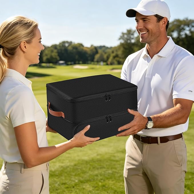 Golf Trunk Organizer, 2 Layer Golf Storage Bag with Ventilated Shoe Compartment, Golf Accessories Equipment Locker, Cool Birthday Gifts for Men Dad Women(Black)