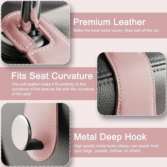Leather Car Seat Storage Hanger, 2 Pack Stylish Hooks for Purses Bags, Coats Umbrellas, Pink