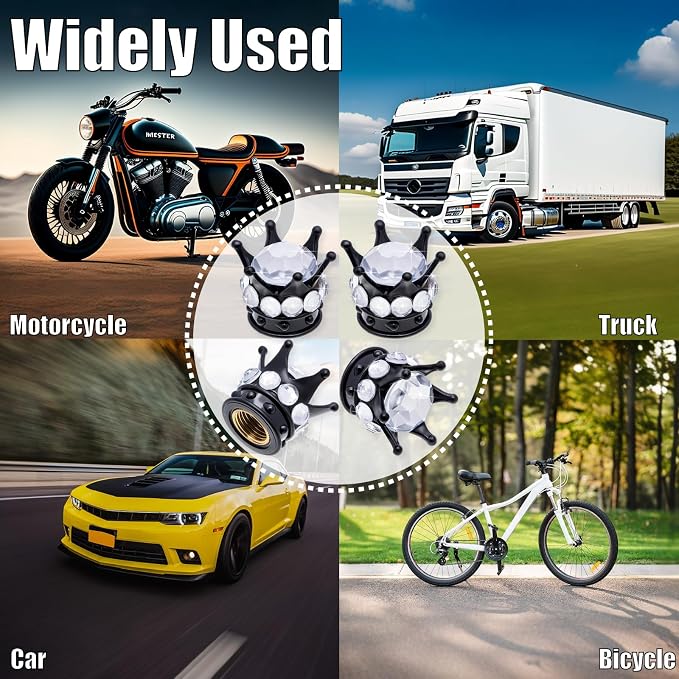 4PCS Crown Bling Tire Stem Valve Caps, Crystal Diamond Car Wheel Tire Valve Caps Universal Copper Core Stem Covers for Cars, SUV, Trucks, Bikes, Motorcycles, Bicycles (Black & Silver)