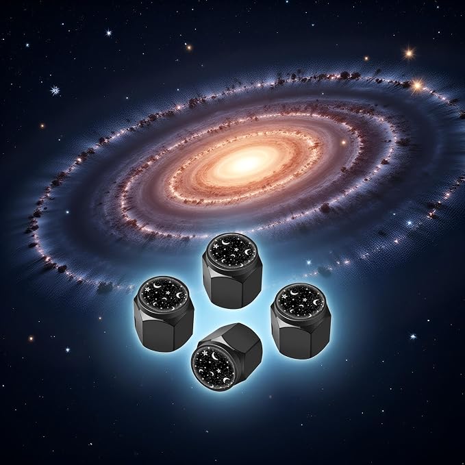 Tire Valve Stem Caps Cover,4 Pcs Metal Black Air Valve Cap, Aluminum Car Wheel Stem Caps,Universal Stem Covers for Cars,Trucks,Bikes,Motorcycles,Corrosion Resistant (Moon Star)