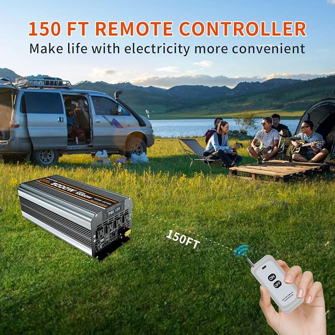 Power Inverter DC 48V to AC 110V/120V Converter with LCD Display, Wireless Controller, Cable Pair,AC outlets USB.RV Travel,Suitable for Camping,and Off-Grid Solar Systems (5000w -48v)
