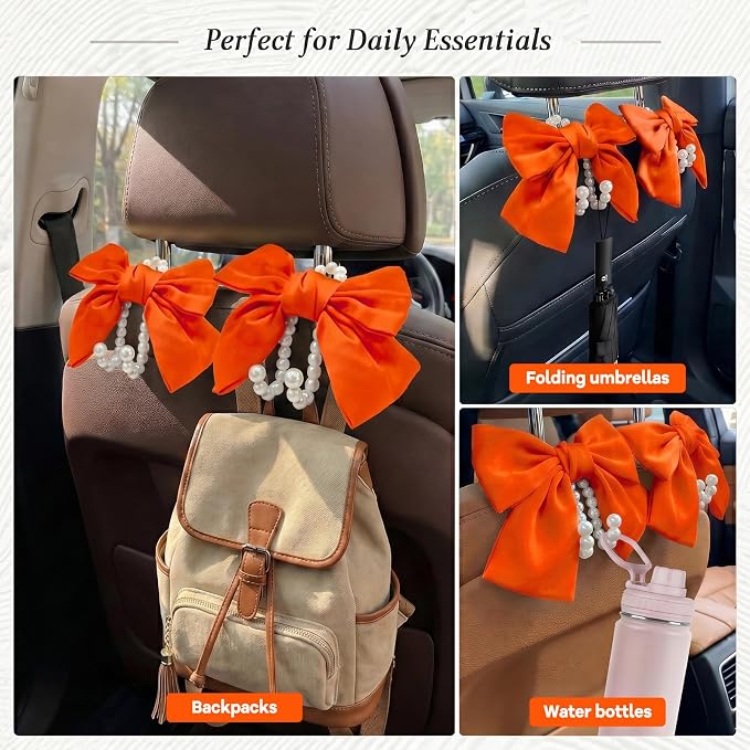 2PCS Satin Bow Pearl Car Seat Headrest Hooks – Car Bag Holder & Vehicle Hanger for Purses – Cute Coquette Aesthetic Interior Decoration – Cute Auto Organizer Accessories Universal (Orange)