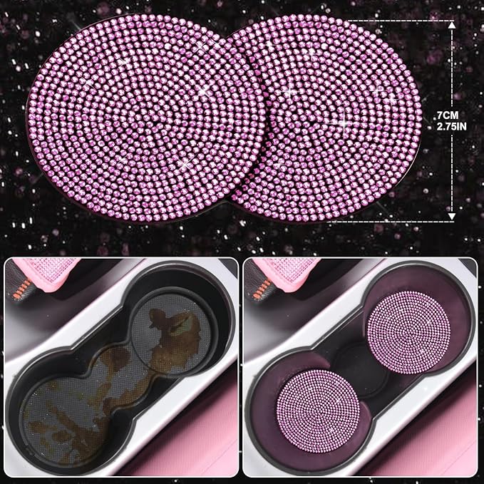 11 PCS Bling Diamond Car Accessories Set for Women, Sparkly Rhinestone Steering Wheel Cover, Bling Seat Belt Cushion, Shift Knob Cover, Push Start Button Ring, Cup Holder Coaster, Black Pink
