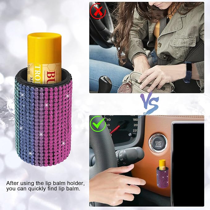 Upright Car Chapstick Holder, Bling Insulating Lip Balm Holder,Rhinestone Car Accessories for Women Interior,Suitable for Most Vehicles. (Rainbow)