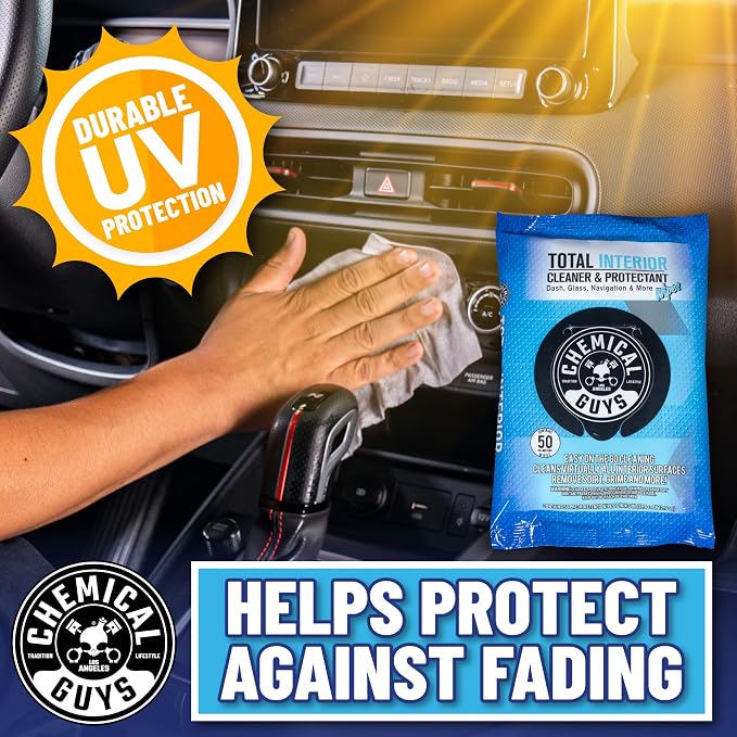 Total Interior Cleaner & Protectant Wipes – 50 Pack Multi Surface Car Interior Cleaning Wipes for Dashboards, Doors and Seats – Safe for Trucks, SUVs, RVs and Home Use