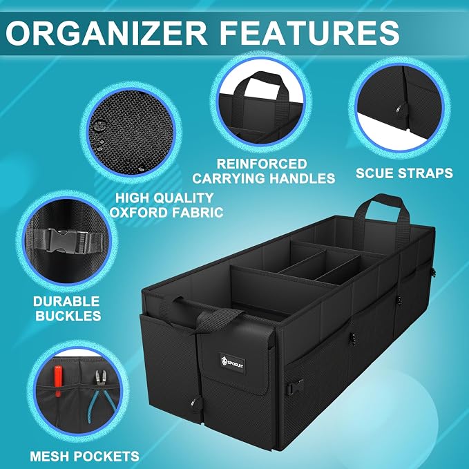 Extra Large Trunk Organizer 98L Collapsible Car Storage Trunk Organizer with Removable Dividers & Adjustable Securing Straps for Car SUV Van