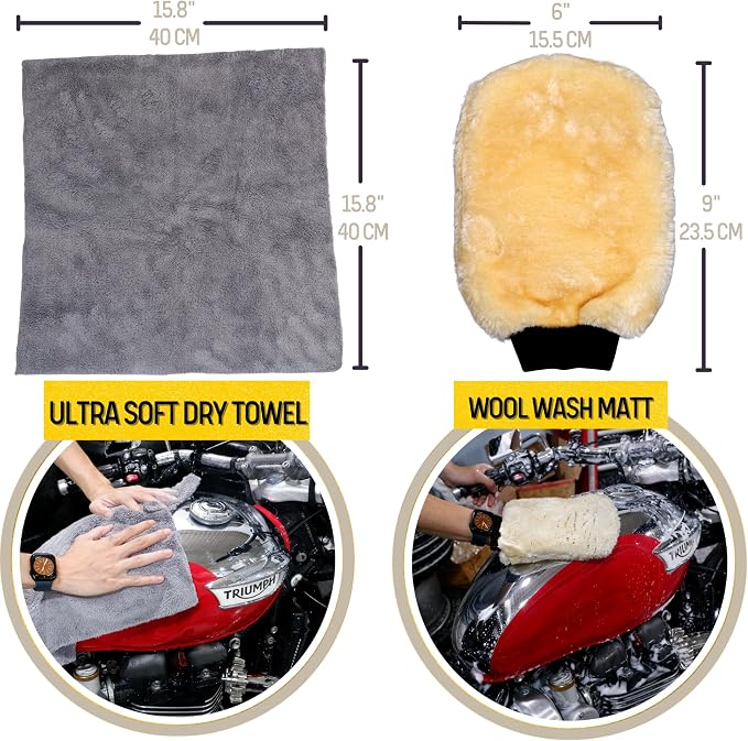 Motorcycle Cleaning Kit 6 Pack Design for Chrome, Woolies Brush, Wool Wash Mitt, Tire&Chain Brush, Detailing Brush& Ultra Plush Towel for Motorcycle& Bike Chrome Painted, Rims, Exhaust, Surface
