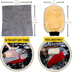 Motorcycle Cleaning Kit 6 Pack Design for Chrome, Woolies Brush, Wool Wash Mitt, Tire&Chain Brush, Detailing Brush& Ultra Plush Towel for Motorcycle& Bike Chrome Painted, Rims, Exhaust, Surface