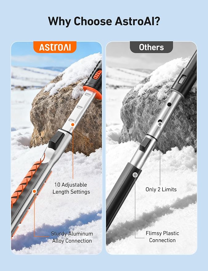 47.2" Ice Scrapers for Car Windshield, 3 in 1 Sturdy Snow Brush with Squeegee, 10 Adjustable Length Settings, Extendable Aluminum Handle, 180° Pivoting Snow Scraper for Car, Truck, SUV(Orange)