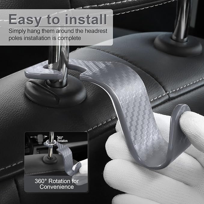 Car Purse Hook, 4 Pack Universal Auto Seat Headrest Hook Hangers Organizer for Coats, Umbrellas, Groceries - Carbon Fiber Gray