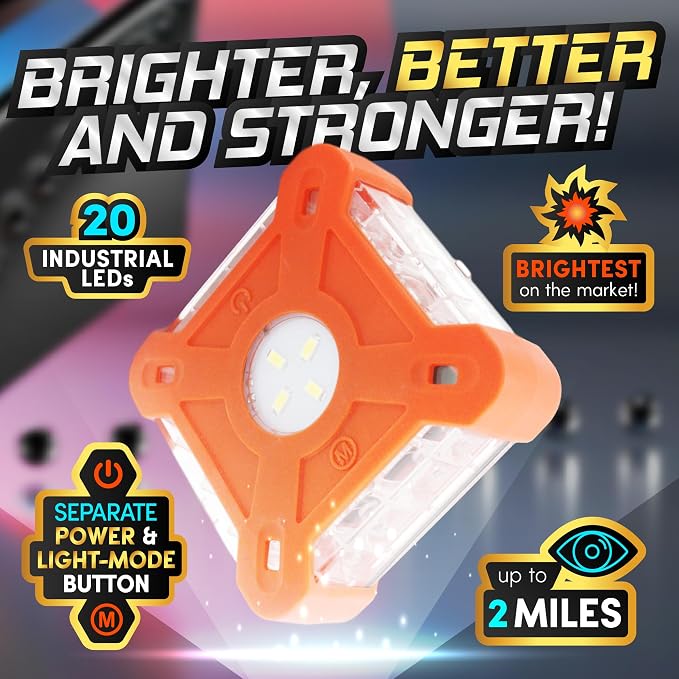 Emergency Lights for Vehicles 3-Pack | LED Road Flares | Flares Emergency Road | LED Emergency Flares Include Batteries, Case, Whistle and are Stronger, Brighter & Better than round LED Flares