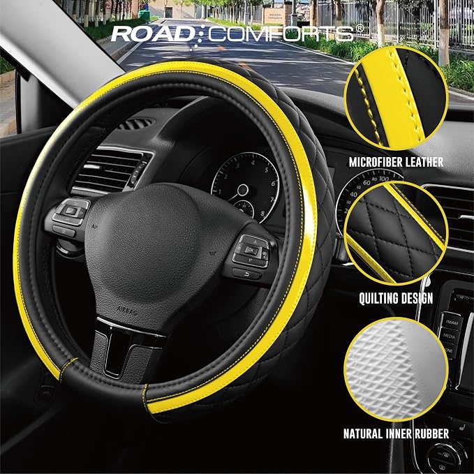 Leather Steering Wheel Cover – Black & Yellow, Universal Fit 14.5-15 Inch, Microfiber Leather, Anti-Slip & Breathable Design for Men and Women
