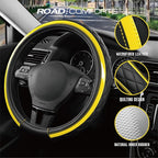 Leather Steering Wheel Cover – Black & Yellow, Universal Fit 14.5-15 Inch, Microfiber Leather, Anti-Slip & Breathable Design for Men and Women