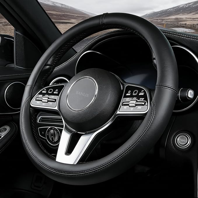 Nappa Leather Steering Wheel Cover, Universal 14.5–15 Inch Non-Slip Breathable Steering Wheel Cover for Car Interior Accessories, Black