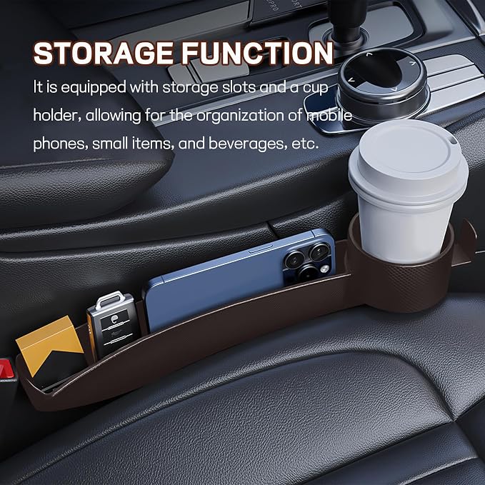 2PCS Car Seat Gap Filler Organizer, Multifunctional Vehicle Seat Side Gap Filler with Organizer & Cup Holder, Automotive Seats Crevice Stopper Gaps Plug, Universal Car Accessories (Brown)