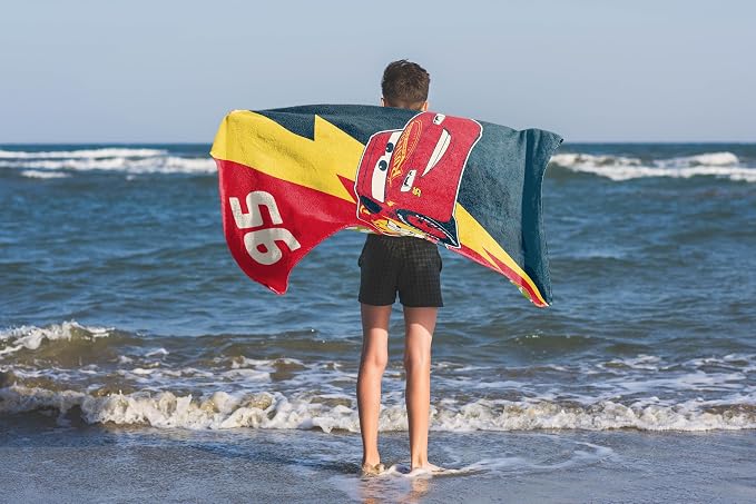 Kids Beach Towel - 100% Cotton Super Soft Absorbent Bath Towel, 28" x 58" Inch Lightweight for Travel, Official Licensed Product, Multi - Cars