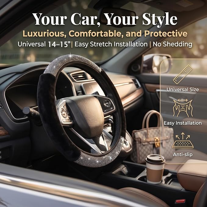 Bling Fluffy Steering Wheel Cover for Women Girls, Rhinestone Diamond Sparkling Fur Steering Wheel Protector Elastic Steering Wheel Covers Winter Warm Universal Fit 14-15 inches -Black | Colorful Diamond Elastic Car Steering Wheel Accessories Sparkling...