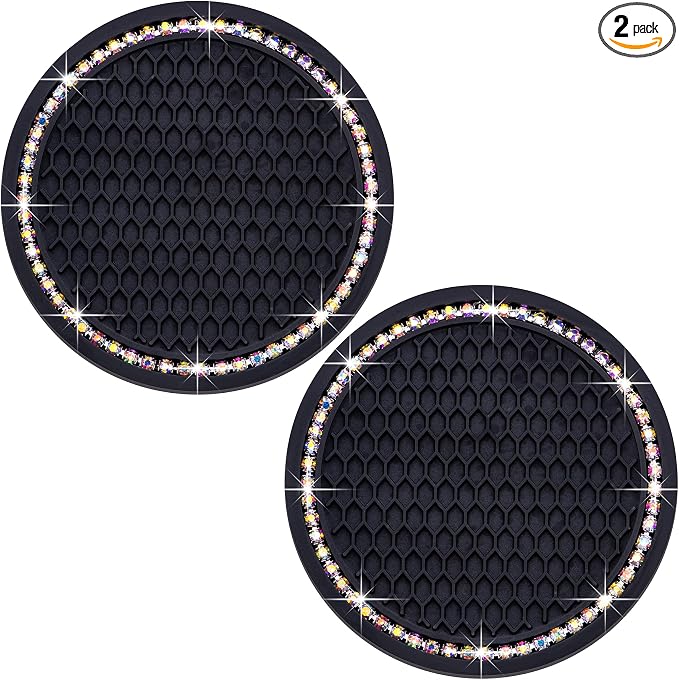 2PCS Bling Cup Holder Coaster, 2.75 Inch Auto Car Cup Holder Insert Coasters, Soft Silicone Anti-Slip Shockproof, Universal Vehicle Interior Accessories for Women Girls (Black & Colorful)