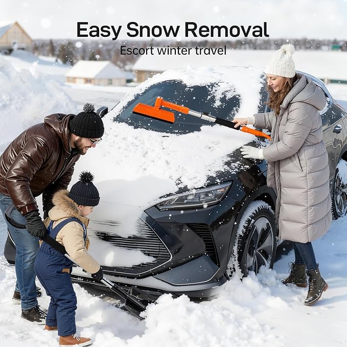 49.2" Car Snow Brush and Ice Scraper for Car Windshield, 3-in-1 Extendable Snow Shovel with Wide Head,180° Pivoting Snow Brush Head and Fpam Grip, Durable Snow Remover for Car Auto Truck SUV