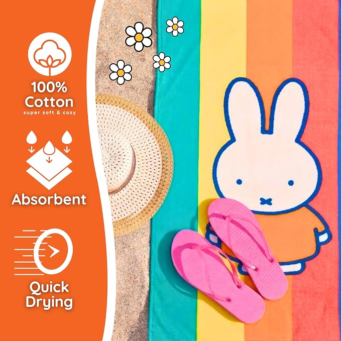 Miffy Kids Cotton Beach Towel, 58 x 28 Inch, Soft & Absorbent Pool, Bath & Beach Towel (Officially Licensed Product) by