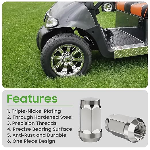 Golf Cart Wheel Lug Nuts for EZGO & Club Car, 1/2"-20 Size Chrome 16 PCS
