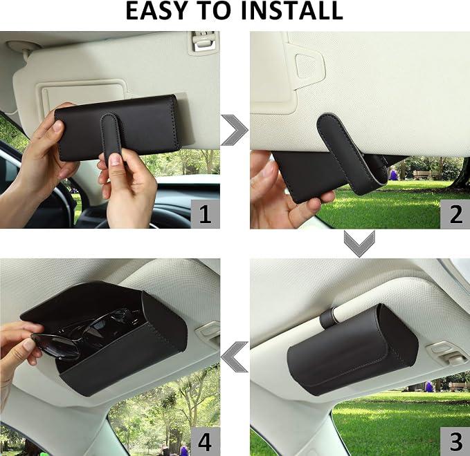 Glasses Holder for Car Sun Visor, 2 Pack Vehicle Sunglasses Holders Case with Hidden Magnetic Closure, Universal Fit Leather Auto Eyeglasses Organizer Box Eyeglass Hanger Clip Car Accessories