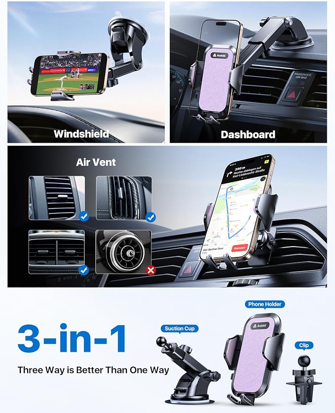 Car Phone Holder, 2026 Military-Grade 89bs Strongest Suction Phone Holders for Your Car Dashboard/Windshield/Vent Easy Clamp Cellphone Holder Truck Stand for iPhone 17 16 15 Pro Max, Purple