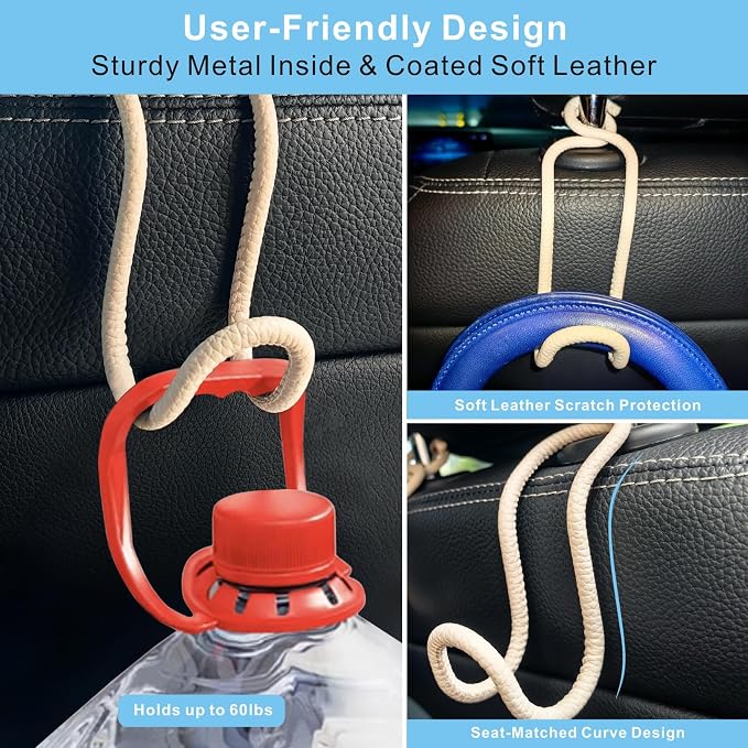 Purse Hooks for Car - 2 Pack Back Seat Storage Holder - Beige Leather/2L | Universal Car Headrest Hanger with Anti-Drop Lock Loop for Hat Bag Grocery Handbag Coat Must Have Stuff for Vehicle Truck SUV