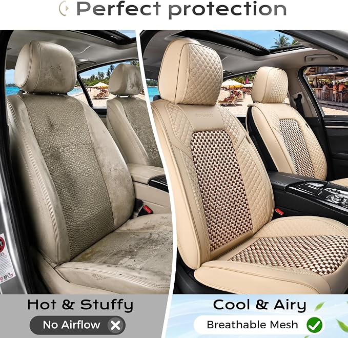 Coverado Seat Covers Full Set, 5 Seats Universal Seat Covers for Cars, Beige Car Seat Covers Front Seats Back Seat Cover, Breathable Car Seat Cushion, Leather Seat Cover Seat Protector Fit Most Cars