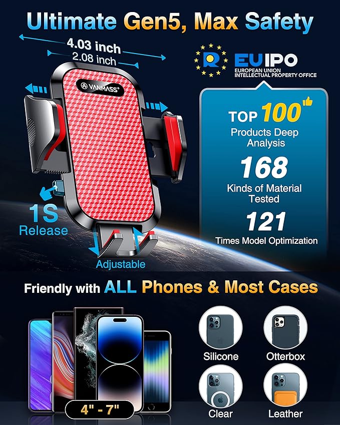 [True Military-Grade] Car Phone Holder [Best Suction & Clip] Cell Phone Mount for Dashboard Windshield Vent Truck Cradle Dash Stand for iPhone 15 Pro Max 14 13 12 Android, Red