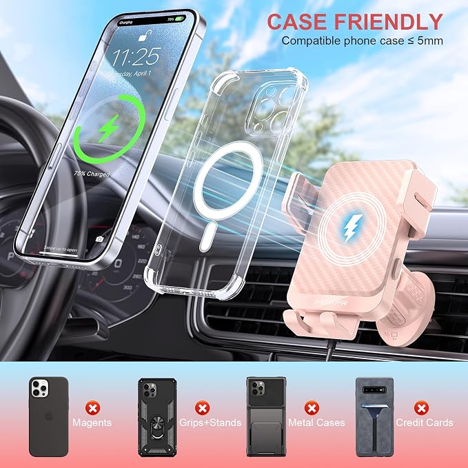 Wireless Car Charger, 15W Fast Charging Auto-Clamping Car Charger Phone Mount Air Vent Cell Phone Holder Compatible iPhone 16/15/14/13/13 Pro/12 pro/12/11, for Samsung Galaxy S23/S22/S21, Pink