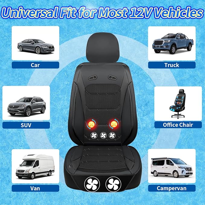 Instant Cooling Car Seat Cover Front Seat with Vibration | Ventilated Car Seat Cushion, Anti Sweat Cooling Pad, 5 Quiet Turbo Fans, For Cars SUV Truck, Hot Summer Driving