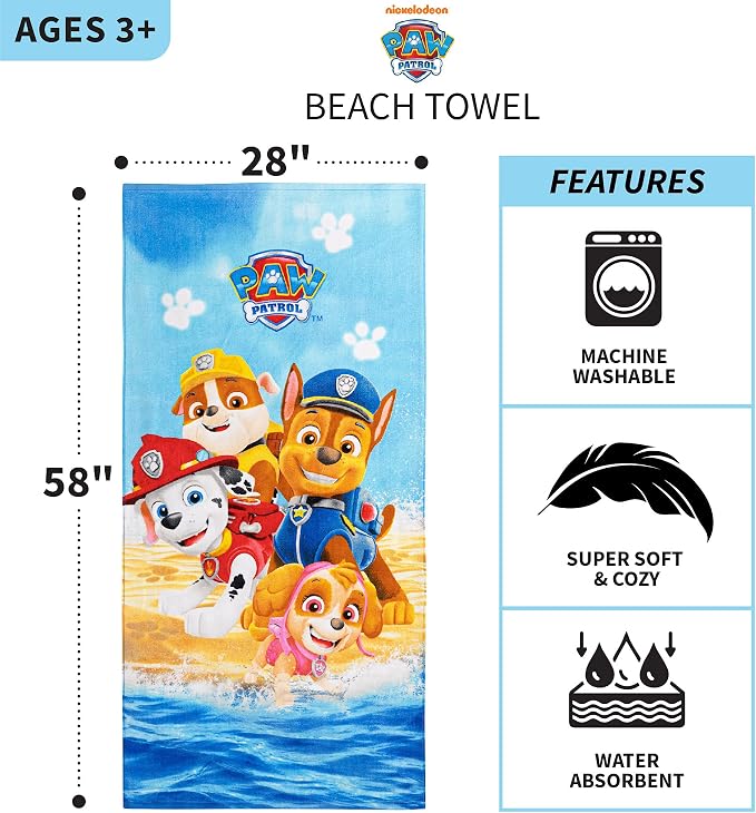 Kids Super Soft Cotton Bath/Pool/Beach Towel, 58 in x 28 in, Paw Patrol
