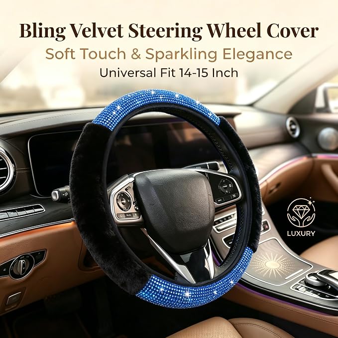 Bling Steering Wheel Cover Fluffy Rhinestone for Women Girls | Blue Diamond Elastic Car Steering Wheel Accessories Sparkling Fur Steering Wheel Protector Winter Warm Universal Fit 14"-15"