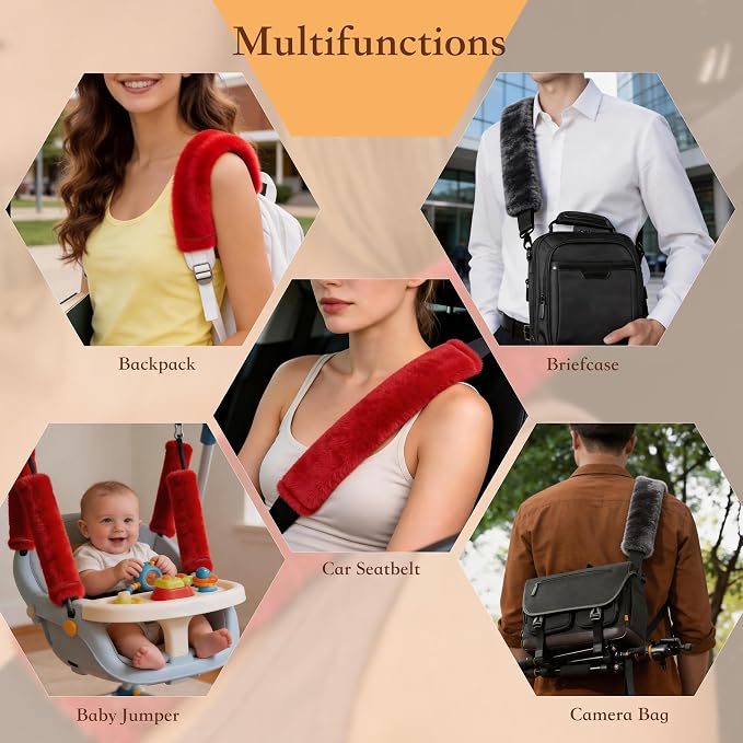 Soft Faux Fur Universal Fit Seatbelt Cover Car Truck SUV Airplane Seat Belt Shoulder Pad for Carmera Backpack Straps Neck Cushion Protector Extra Long 15.7in Red