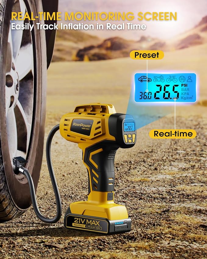 Tire Inflator Portable Air Compressor - Super Fast - 21V Rechargeable Battery Powered Handheld 160PSI Tire Inflator, Dual Power Supply Modes, Portable Air Pump for Car Motorcycle E-Bike