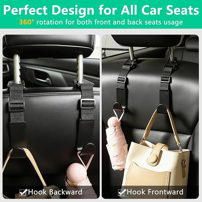 Adjustable Car Headrest Hooks, 4 Pack Universal Fit Vehicle Seat Back Organizer Hanger for Purse, Bags & Groceries, Black