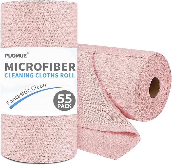 55 Pack Microfiber Cleaning Cloth Roll, Tear Away Reusable Paper Towels, 11" X 9", Ultra Absorbent & Lint Free Microfiber Cloth for Cleaning Cars, Kitchen, Window, Home and Shop, Pink