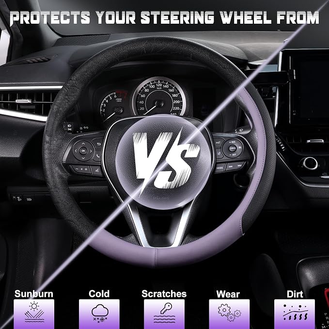 Steering Wheel Cover for 14.5-15 inch Wheels, Breathable PU Leather with Perforated Sides, Anti-Slip Grip, Universal Fit for Cars & SUVs, Black and Light Purple